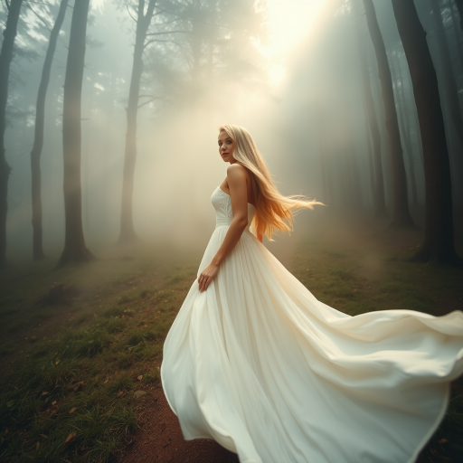 A wide-angle shot of a blonde woman standing on a misty forest path, wearing a flowing white dress. The rich fabric of her skirt billows gently in the wind, while her long blonde hair flows freely in the same breeze. The surrounding forest is enveloped in soft mist, creating a dreamy and ethereal atmosphere. Above her, the sunlight gently breaks through the fog, casting a faint glow over the scene. The woman's serene posture and the soft, natural light create a peaceful and mystical mood.