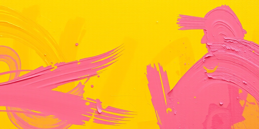 Create an abstract painting with a vibrant yellow background and soft pink brush strokes, captured with a Canon EOS 5D Mark IV at f/8, ISO 100, 50mm lens, utilizing a shallow depth of field and natural light for enhanced color vibrancy.
