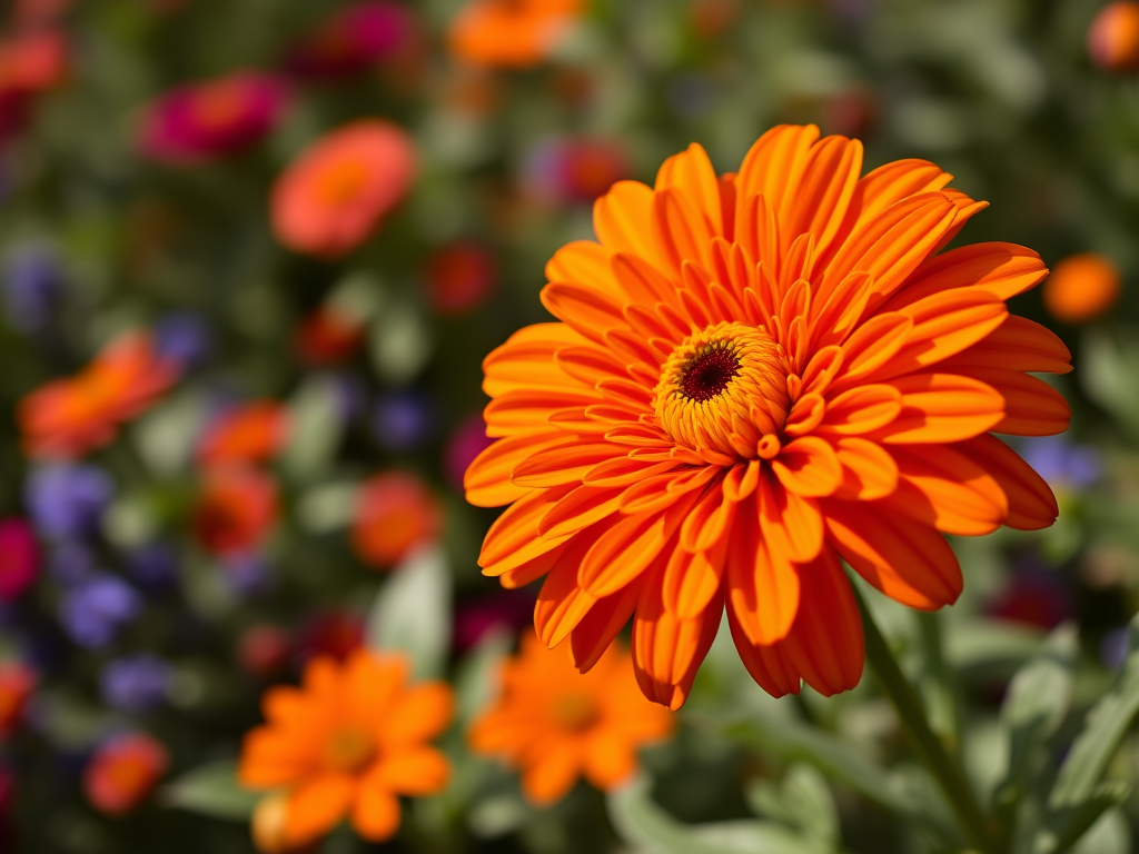 Orange chrysanthemum in a vibrant garden, shallow depth of field, 50mm f/1.8 lens, ISO 200, f/2.8, 1/200 sec, natural light, macro photography.