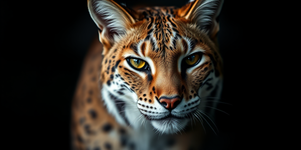 Create an image of a lynx with sharp focus and rich detail in low light, using a Canon EOS R5 with a 85mm f/1.2 lens, ISO 400, aperture f/1.8, shutter speed 1/200s, shot at eye level, capturing the essence of the animal's fur and piercing gaze against a dark background.