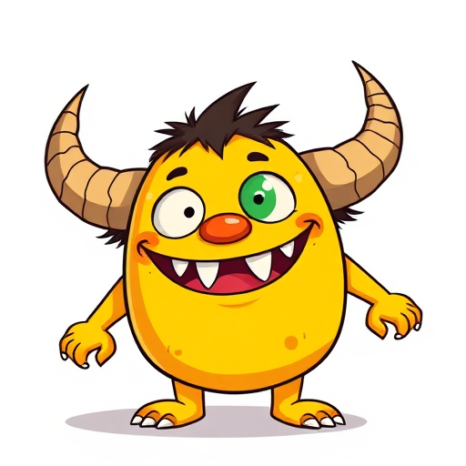 Create a cartoon-style illustration of a cheerful yellow monster with horns and a big smile, using a digital drawing style, with a resolution of 300 DPI, using a wide-angle lens effect, and ensure vibrant colors and high contrast for enhanced quality.