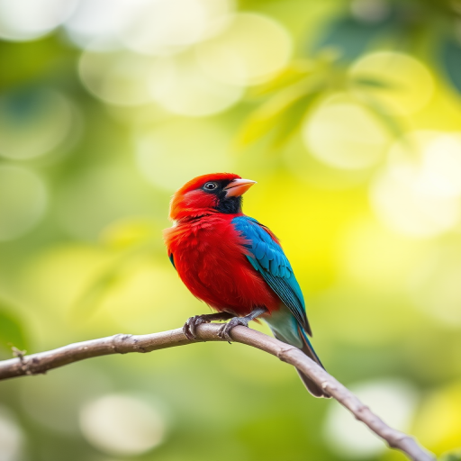 Create a vibrant image of a red and blue bird perched on a branch in a natural setting, using a DSLR camera with a 50mm lens, aperture set to f/2.8 for shallow depth of field, ISO 200 for optimal light capture, a shutter speed of 1/1000 sec to freeze motion, and a soft bokeh background to enhance the focus on the bird.