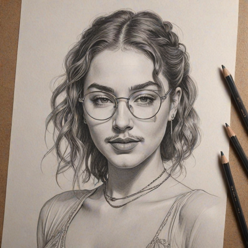 Ravishing Post Malone, pencil sketch, portrait of Alluring woman 1933s in glasses, hair style beatnik, outline, clear lines, fine lines, 8k