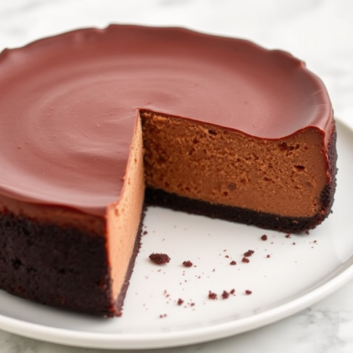 A delicious chocolate cheesecake on a white plate with a slice removed, showcasing its smooth texture and chocolate color, set against a light marble background.