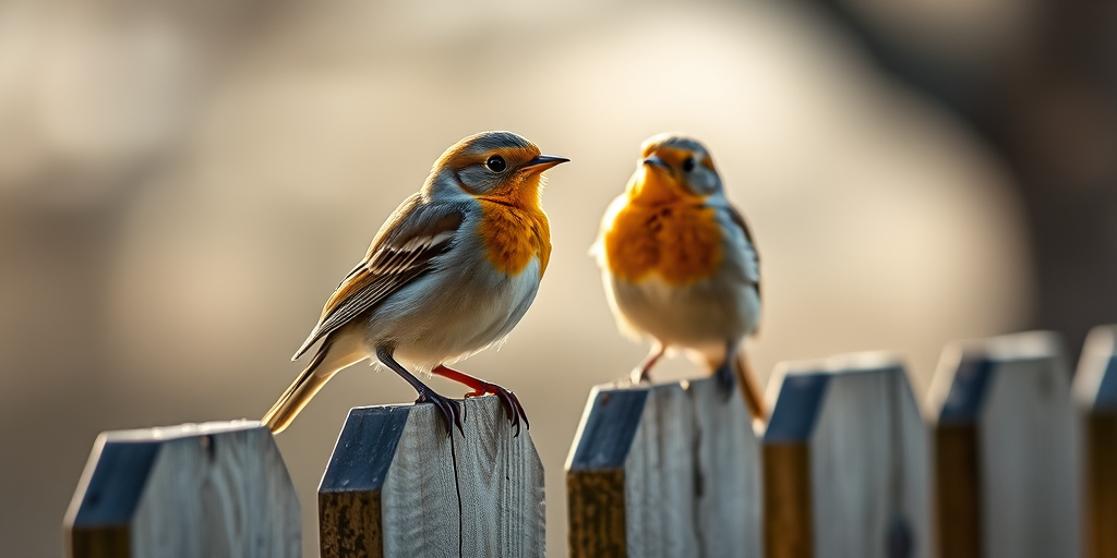 capture a high-resolution image of two birds perched on a wooden fence in natural lighting with a shallow depth of field, using a DSLR camera, 85mm lens, aperture f/2.8, ISO 100, 1/500 sec, focusing on the birds while softly blurring the background.