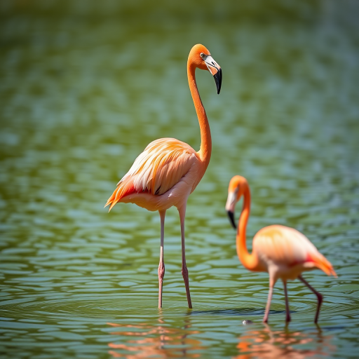 A flamingo standing in shallow green water, captured with a Canon EOS 5D Mark IV, 85mm lens, f/2.8 aperture, ISO 100, natural light, shallow depth of field, vibrant colors, sharp focus on the bird with a blurred background.
