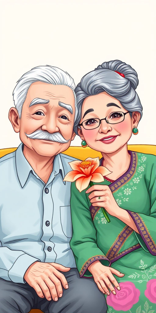 Create an illustration of an elderly couple sitting together on a yellow sofa, the man with white hair and a mustache wearing a light blue shirt, and the woman with gray hair in a green traditional dress holding a flower, use a bright and colorful style, simulate a high-resolution digital drawing, set the camera to a close-up view with a soft focus effect, and enhance colors with a vibrant palette in a cartoon style.