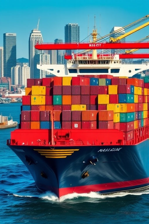 Cargo ship loaded with colorful shipping containers navigating through the harbor with city skyline in the background, captured with a DSLR camera at 24mm, aperture f/8, shutter speed 1/200s, ISO 100, in natural light, with a focus on depth of field and vibrant colors.