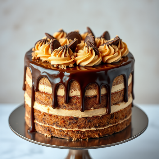 Create an image of a luxurious layered cake with a chocolate ganache drip. The cake should be decorated with swirls of peanut butter frosting and topped with peanut butter cups. Add a sprinkle of crushed peanut butter candy around the top for added texture and detail. The cake should be presented on a cake stand, with a focus on rich, indulgent textures and colors.