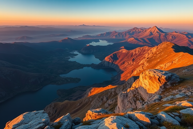 high-resolution landscape photograph of a mountainous view overlooking a lake surrounded by hills, captured with a Canon EOS R5, lens 24-70mm f/2.8, aperture f/8, ISO 100, shutter speed 1/200 sec at a wide-angle perspective during golden hour for enhanced colors and detail.