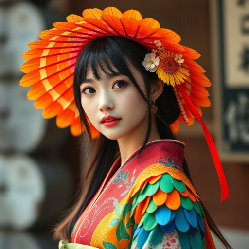 A beautiful Japanese girl, wearing colorful bird clothing with vibrant colors
