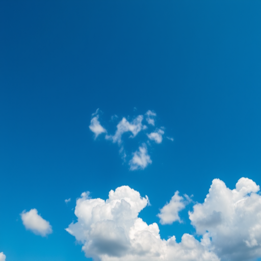 Create a bright blue sky filled with fluffy white clouds, captured with a Canon EOS R5 at f/8, 1/200s shutter speed, ISO 100, in a vibrant color style with a wide-angle lens perspective.