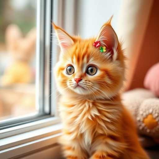 A fluffy orange cat with large round eyes sitting by a window wearing colorful hair clips on its head with a cozy background featuring soft fabrics and warm colors.