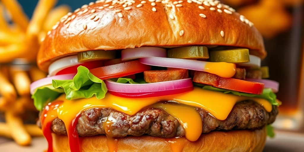 High-resolution, close-up image of a gourmet double cheeseburger. The burger features a glossy, sesame-seed-topped brioche bun. Inside, there are two thick, juicy beef patties, each topped with melted cheddar cheese. The burger is garnished with fresh lettuce, tomato slices, diced onions, and pickles. A generous amount of ketchup and a creamy, orange-colored sauce is dripping down the sides, adding to the mouth-watering appeal. In the background, there are blurred elements including a side of golden French fries and a hint of a beverage, enhancing the overall presentation of a delicious meal.