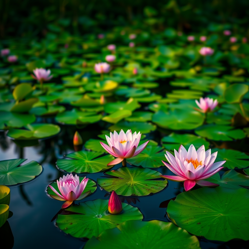 A serene water lily pond at sunrise with blooming pink lilies and vibrant green lily pads, captured with a Canon EOS R5 at f/5.6, ISO 100, and a shutter speed of 1/200s, in a soft focus style to enhance the vivid colors and reflections on the water.