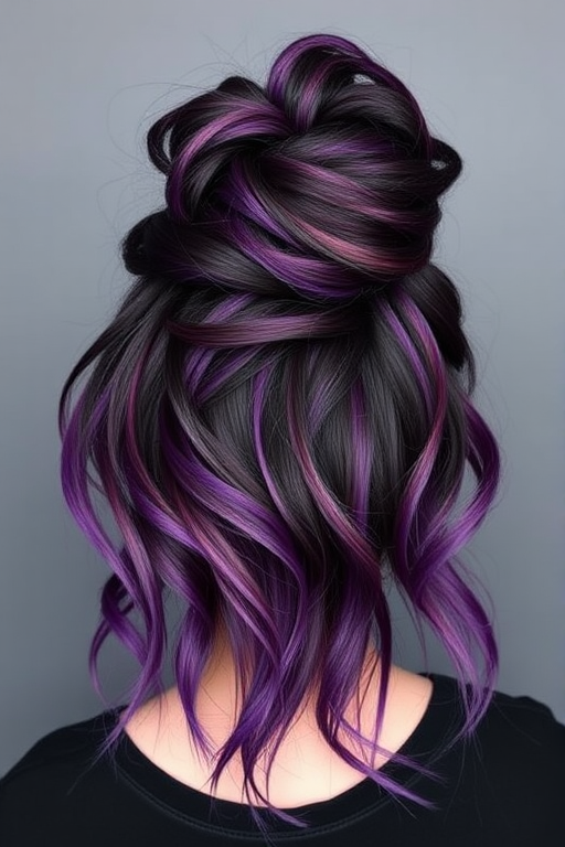 Jet black to deep violet ombre styled in a high messy bun, named "Midnight Orchid" look, showcasing loose tendrils and a deliberately undone appearance