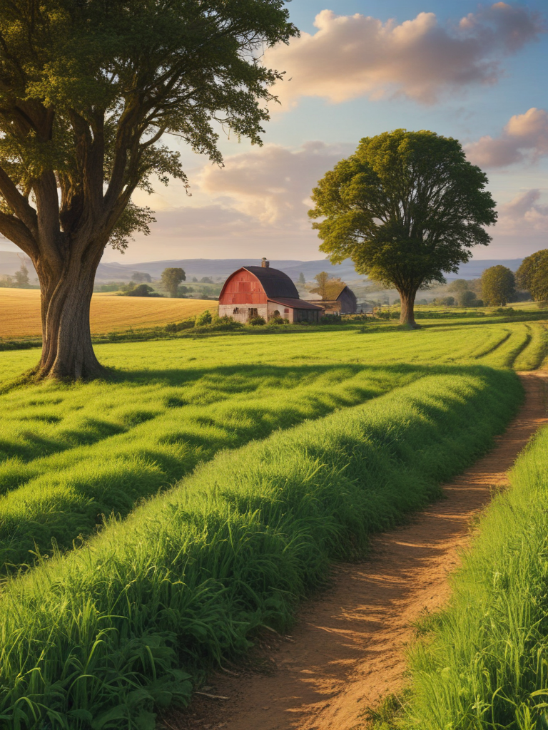 Serene Farm Landscape with Lush Green Fields and Red Barn at Sunset