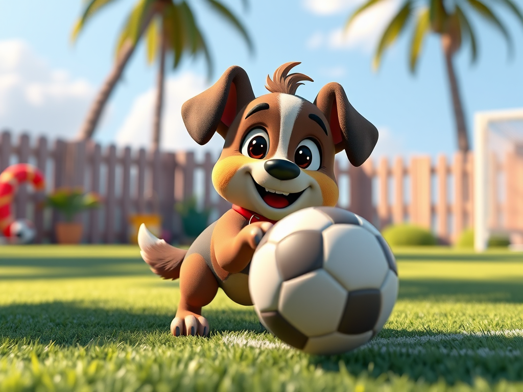 Create a vibrant animated scene featuring a cartoon dog character with a soccer ball in a sunny outdoor setting, captured with a Canon EOS R5, 50mm lens, f/1.8 aperture, ISO 100, at a low angle to enhance depth and focus on the character, with soft lighting to accentuate details and colors.