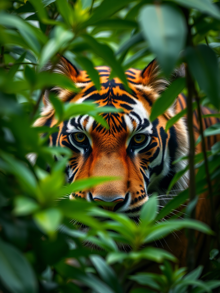 Regenerate an image of a tiger's face peering through lush green foliage, 50mm lens, f/2.8 aperture, ISO 100, shot from eye level, using a DSLR camera with high dynamic range imaging for enhanced detail and color vibrancy.