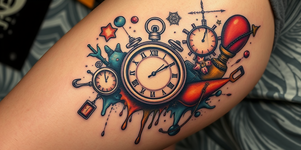 Surrealist tattoo called "Dreamscape Fusion" blending abstract elements, melting clocks, and floating objects in a Salvador Dali-inspired composition, perfect for thigh or side placement