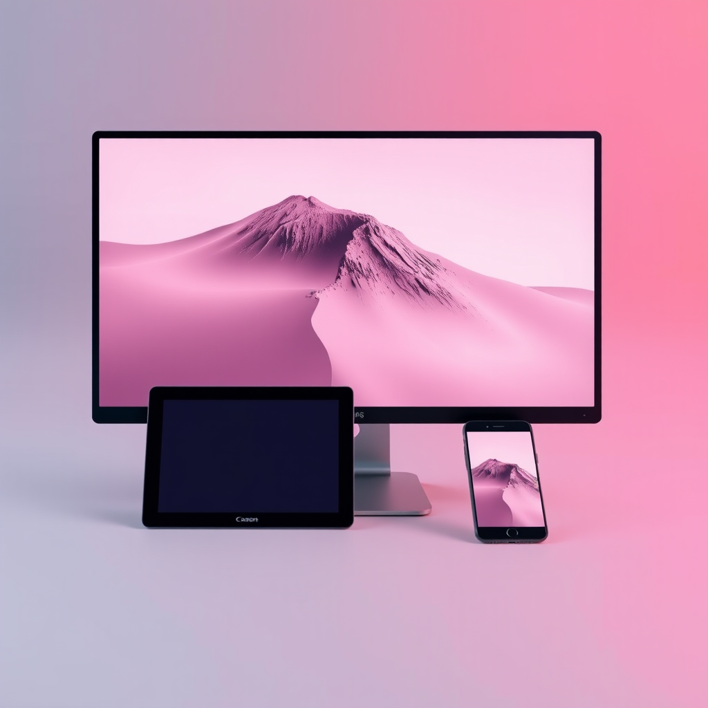 Create a high-resolution image of a desktop monitor, tablet, and smartphone arranged on a soft gradient background, using a Canon EOS R5 with a 24-70mm f/2.8 lens, aperture set to f/8, ISO 100, and a shallow depth of field for enhanced clarity and detail.