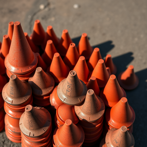 Create a high-quality image of stacked cones, using a Canon EOS 5D Mark IV with a 50mm lens, aperture f/2.8, ISO 100, shot from a top-down view, in natural lighting to emphasize shadows and depth.
