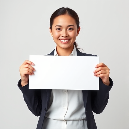Create an image of a young woman in a business suit with a friendly smile, holding a blank sign, shot with a DSLR camera at f/2.8 aperture, ISO 100, in portrait mode, utilizing soft lighting for a vibrant and polished look.