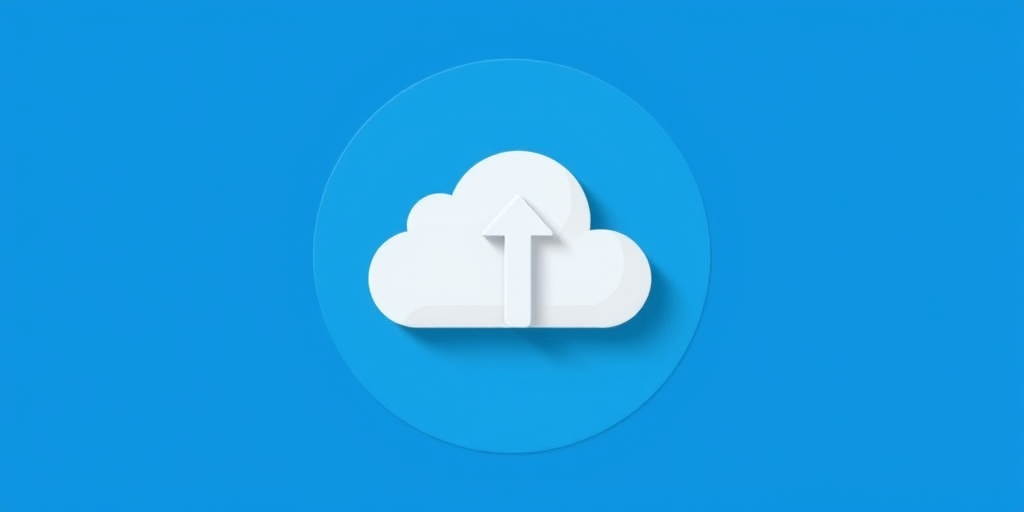 Create a high-resolution vector graphic of a stylized cloud with an upward arrow inside it, using a flat design style on a solid blue circular background, with a soft shadow beneath the cloud to add depth, captured using a digital camera with an aperture of f/8, shutter speed of 1/60s, ISO 100, with a top-down view.