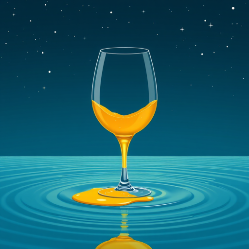 create a minimalist digital illustration of a wine glass spilling yellow liquid into blue rippling water under a starry night sky with high contrast, use a Canon EOS R5, 24mm f/1.4 lens, aperture set to f/8, ISO 100, 1/125 sec exposure, with a focus on vibrant colors and sharp details