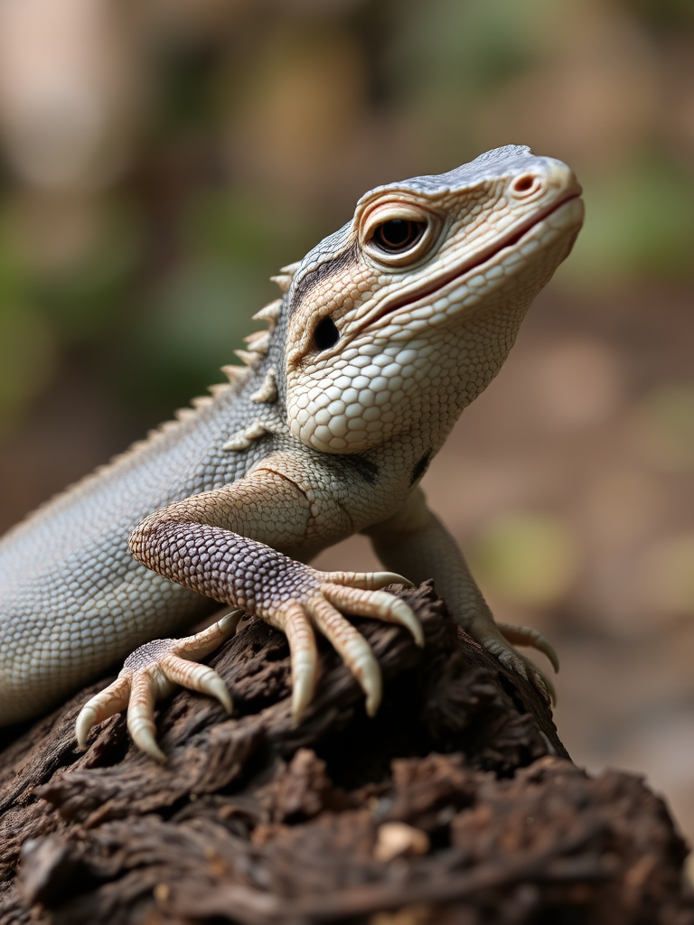 a close-up of a textured lizard resting on a piece of wood, displaying intricate patterns on its skin and sharp claws, with a blurred natural background