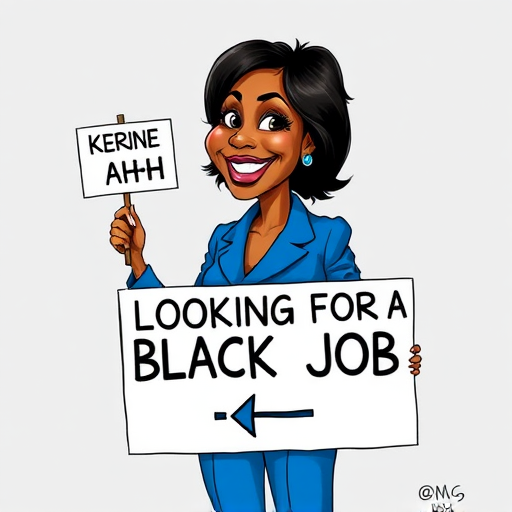 CARICATURE OF A SMILING KAMALA HARRIS IN A BLUE PANTSUIT, HOLDING UP A SIGN THAT READS "LOOKING FOR A BLACK JOB