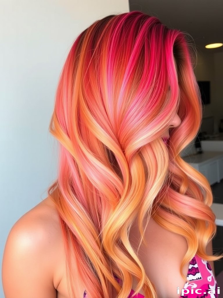 Tropical Sunset Ombre combining warm shades of orange, pink, and yellow in a gradient effect, styled in voluminous beach waves with a deep side part