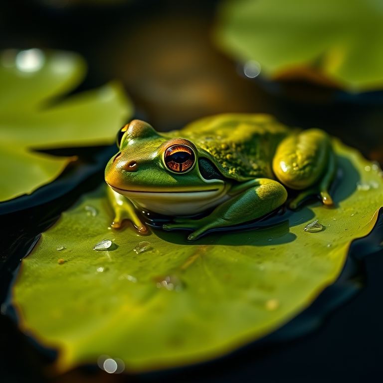 close-up of a green frog resting on a lily pad in a calm pond, macro lens, f/2.8 aperture, 1/200 sec shutter speed, ISO 100, natural lighting, taken with a DSLR camera, shallow depth of field