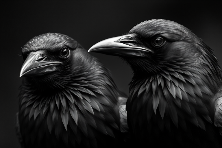 a close-up black and white photograph of two ravens with intricate feather details and sharp beaks, set against a blurred dark background