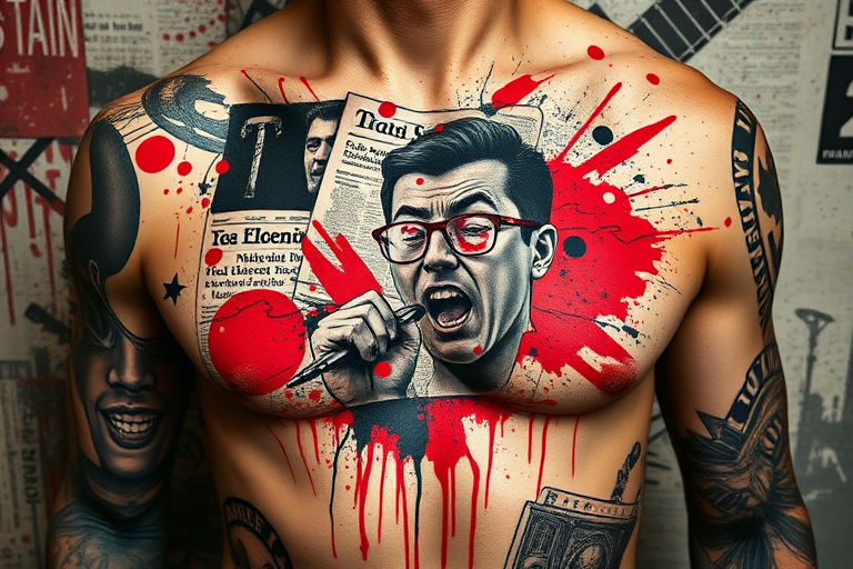 Trash polka tattoo style known as "Urban Chaos" combining bold red and black elements, newspaper clippings, abstract shapes, and realistic portraits for a striking contrast, ideal for chest or ribs