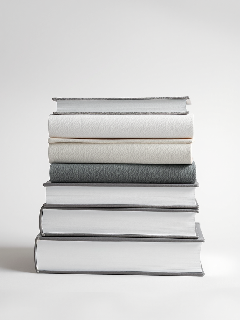 Create a high-resolution image of five stacked books with varying shades of gray and white, using a DSLR camera with a 50mm lens, aperture set to f/1.8 for a shallow depth of field, ISO 200, and a lightbox setup for even lighting.