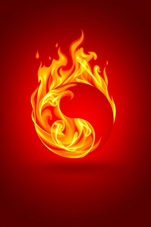 Create a vibrant illustration of a flaming yin-yang symbol on a solid red background using a DSLR camera with a 50mm lens, aperture f/1.8, ISO 200, shot from a top-down view, with high dynamic range to enhance color intensity and clarity.