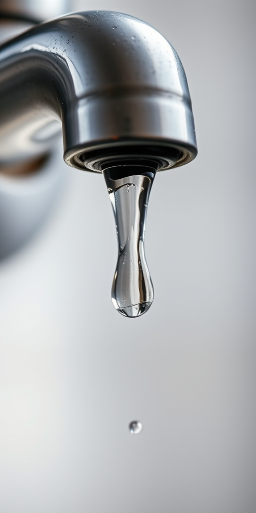 Capture an ultra-close-up shot of a dripping water faucet with a shallow depth of field, using a DSLR camera set to f/2.8, 1/200 second shutter speed, ISO 100, in natural light, focusing on the droplet and the texture of the faucet.