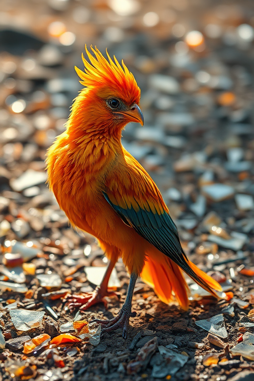 Regenerate an image of a fantastical bird resembling a phoenix with vibrant orange feathers and intricate scales, perched on a ground covered in shimmering shards of glass, captured in high detail with a Canon EOS R5, 50mm lens, f/1.8 aperture, ISO 100, under soft natural lighting for enhanced clarity and color vibrancy.
