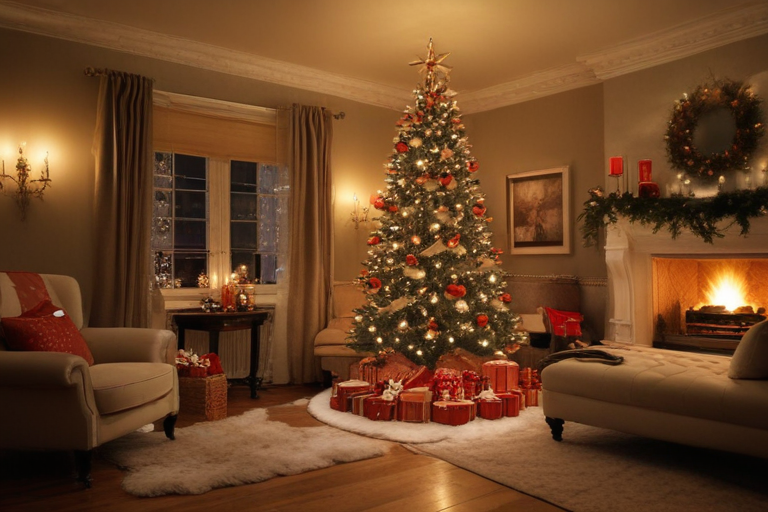 Cozy Holiday Living Room with a Beautifully Decorated Christmas Tree