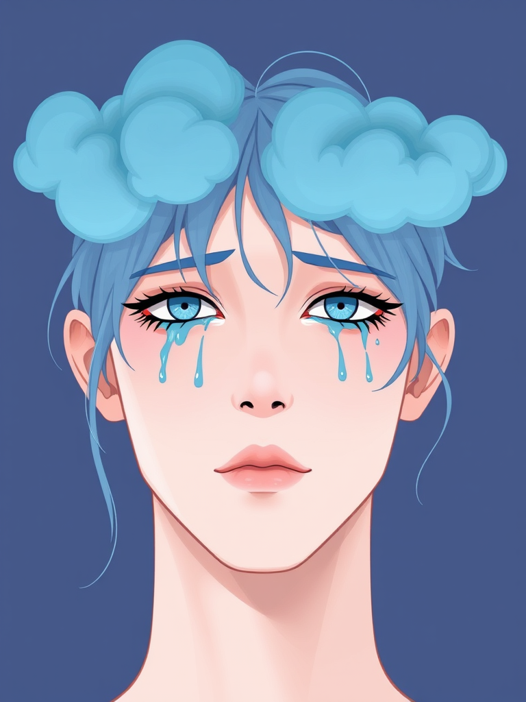 Create a high-resolution illustration of a person with blue cloud-like hair, tears flowing from the eyes, minimalist style, using a digital illustration technique, shot from a frontal view, with a soft color palette and smooth gradients, at a resolution of 300 dpi, using a drawing tablet.