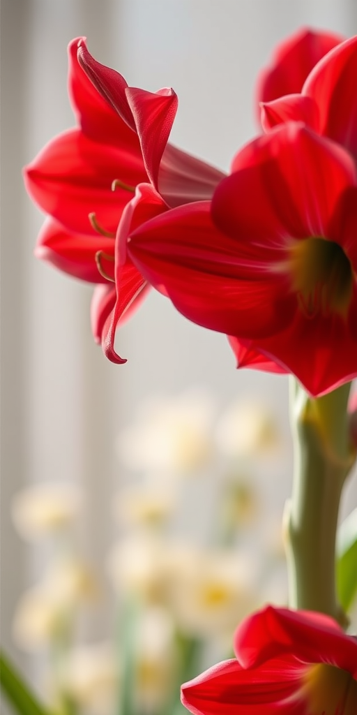 close-up of vibrant red amaryllis flowers against a soft blurred background, aperture f/2.8, shutter speed 1/200s, ISO 100, taken with a macro lens on a DSLR camera, soft natural lighting