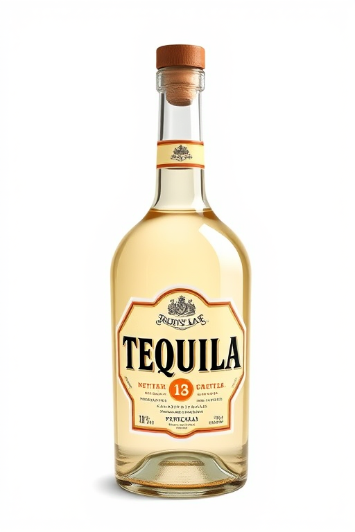 Generate an illustration of a tequila bottle with a transparent neck and a label reading "TEQUILA" in bold letters, using a DSLR camera with a 50mm lens, ISO 100, f/2.8 aperture, shot in a studio environment with diffused lighting for a high-quality result.
