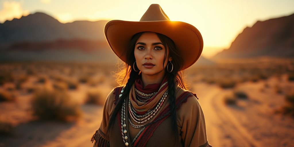 Dramatic photo of a beautiful Quechua woman, classic cowboy attire, confident and free spirit expression, half-length portrait, centered, golden hour desert landscape, warm, diffused light, low angle, medium format film camera, in style of Annie Leibovitz.