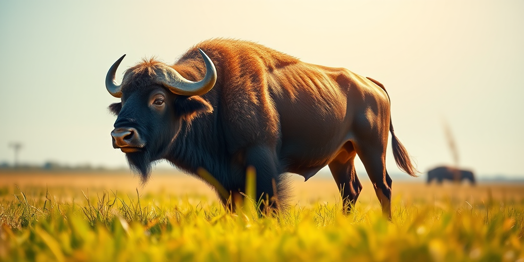 Create a vibrant, detailed illustration of a buffalo standing in a grassy field under bright sunlight, with a shallow depth of field effect, using a DSLR camera with an aperture of f/2.8, ISO 100, and a focal length of 85mm for enhanced clarity and color richness.