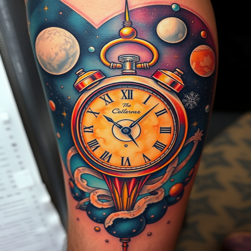 Surrealist tattoo blending dreamlike elements into a cosmic landscape, Salvador Dali-inspired melting clocks floating among celestial bodies, otherworldly color palette with metallic accents