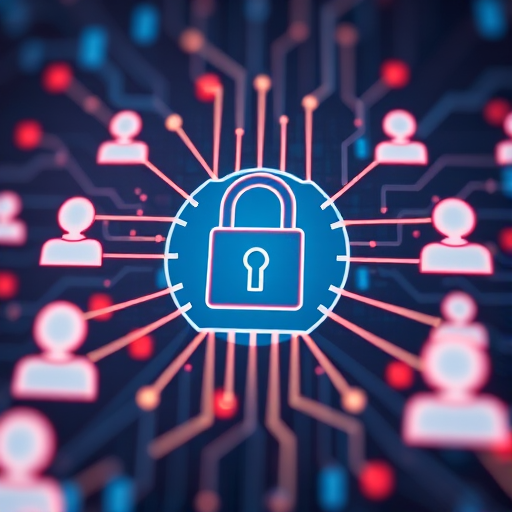 Create an image of a digital network security theme featuring a central lock icon connected to user icons with digital circuit patterns in the background, using a DSLR camera with a 50mm lens, aperture set to f/1.8, ISO 100, and a shallow depth of field to enhance the focus on the central elements.