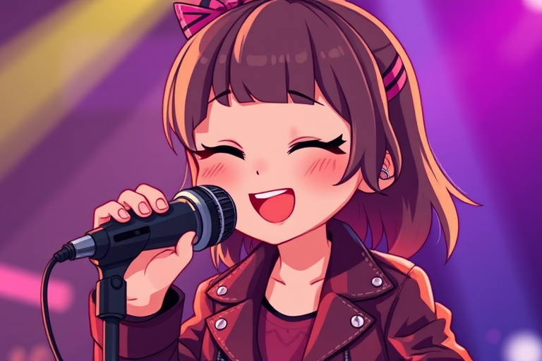 Create a vibrant digital illustration of a cute animated girl singing into a microphone, wearing a leather jacket and stylish outfit, with her winking and a cheerful expression, captured with a Canon EOS R5, 50mm lens, f/1.8 aperture, high saturation, soft lighting, and a clear focus on her facial features.