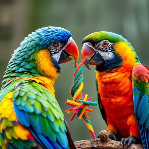Capture two vibrant parrots engaging with a colorful toy in a natural setting, using a Canon EOS 5D Mark IV, 50mm lens, f/2.8 aperture, ISO 200, 1/250s shutter speed, with a shallow depth of field to blur the background and enhance the details of the birds.