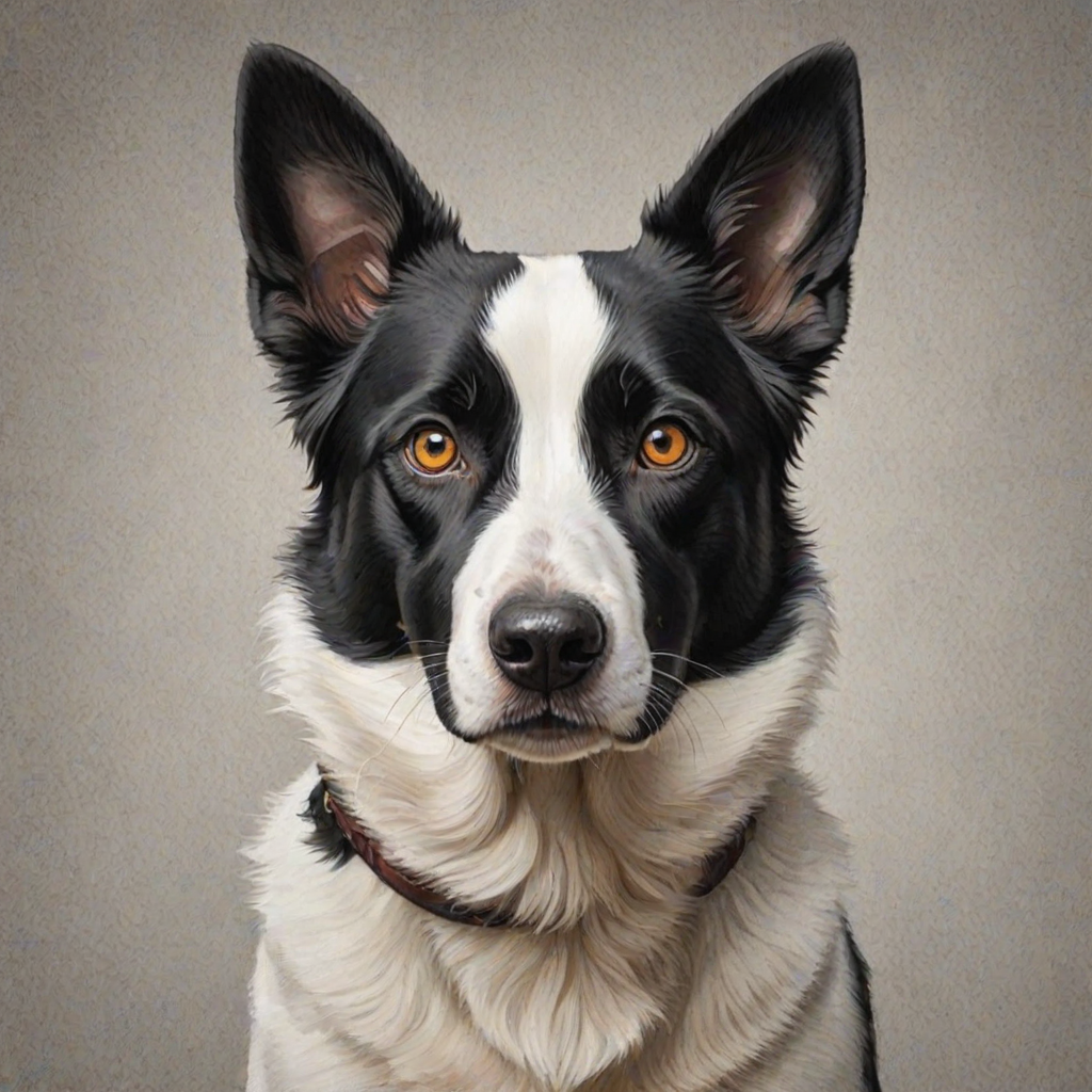 Create a detailed illustration of a black and white dog with striking amber eyes. The dog's face should be prominent and expressive, featuring a mix of fur textures. The background should be a soft, neutral color to enhance the dog's features. The overall style should be bold and graphic, emphasizing the dog's unique characteristics.